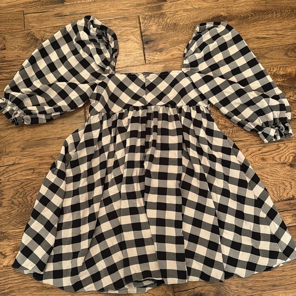 Storia Gingham Babydoll Dress Plaid Mini Black & White Square Neck size L - Picture 3 of 4